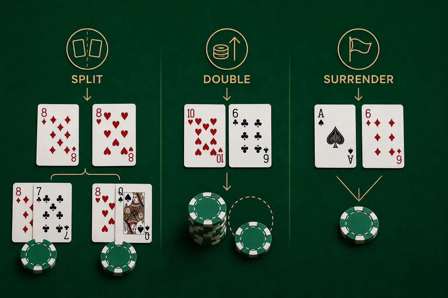 Techniques avancées : maîtriser split, double et surrender